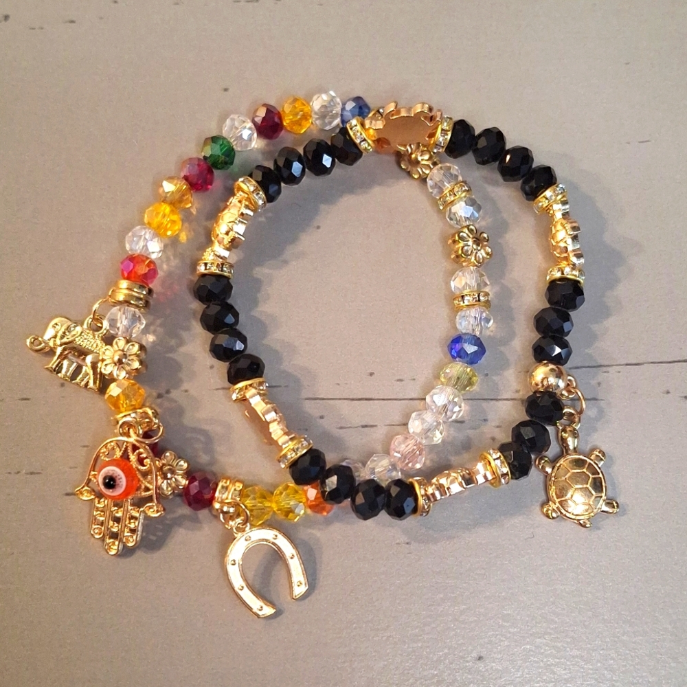 Multicolor Evil Eye/Elephant Charm Bracelet Set